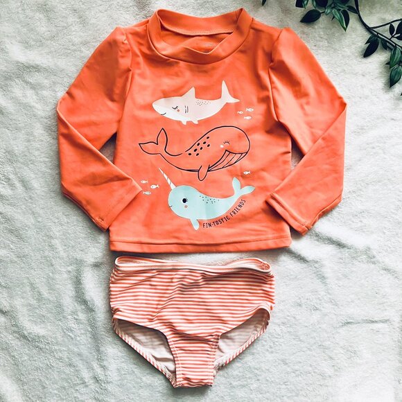 Simple Joys by Carter's Toddler 3-Pc Swimsuit Set 18M | Coral Aqua Rash Guard - Picture 2 of 14